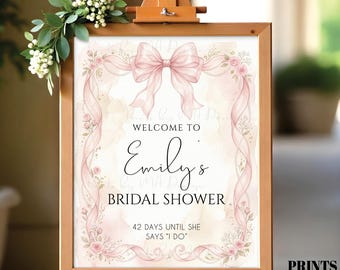 Bow Bridal Shower Sign, Coquette Bow, Pearls, Pink Roses, Personalized Bride-to-Be's Name, Watercolor Style PRINTABLE 8x10/16x20” Sign