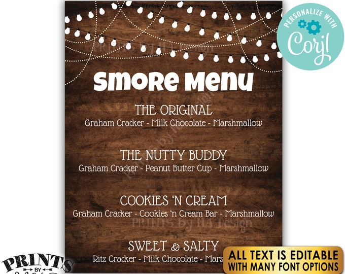 Editable S'more Sign, S'mores Menu, Custom PRINTABLE 8x10/16x20” Rustic Wood Style Sign, Smore Station, Lights <Edit Yourself with Corjl>