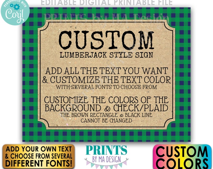 Custom Lumberjack Sign, Choose Your Text, Custom Color Buffalo Plaid, One PRINTABLE 8x10/16x20” Landscape Sign <Edit Yourself with Corjl>