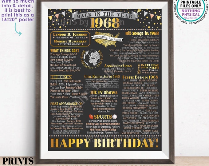 Back in the Year 1968 Birthday Sign, Flashback to 1968 Poster Board, ‘68 B-day Gift, Bday Decoration, PRINTABLE 16x20” Sign <ID>