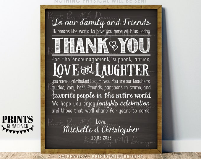 Wedding Thank You Sign, Thanks to Family & Friends, PRINTABLE 8x10/16x20” Chalkboard Style Wedding Display
