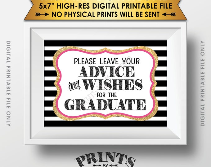 Graduation Advice, Please Leave your Advice and Well Wishes for the Graduate, Black Pink & Gold Glitter Printable 5x7” Instant Download