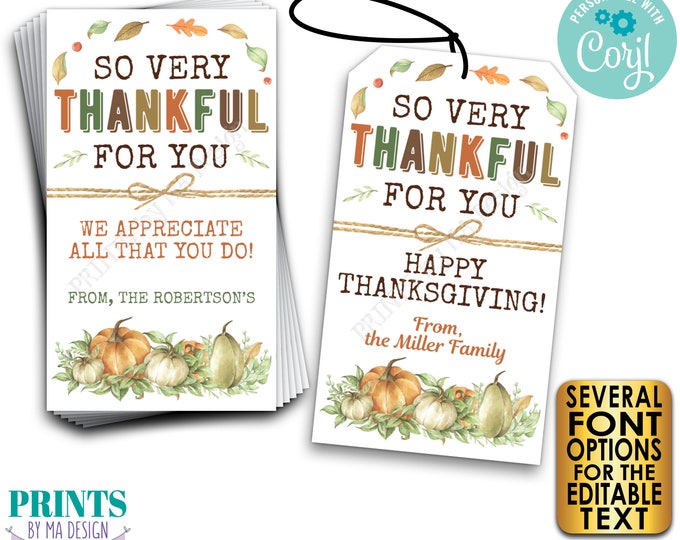 So Very Thankful for You Cards, Thanksgiving Favors, PRINTABLE 8.5x11" Sheet of  2x3.5" Editable Tags or Cards <Edit Yourself with Corjl>