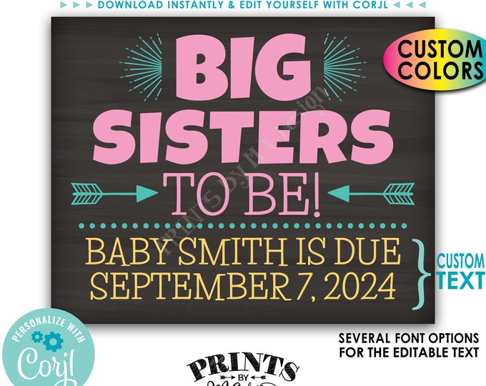 Big Sisters Pregnancy Announcement, Custom PRINTABLE 8x10/16x20” Chalkboard Style Baby Reveal Sign <Edit Yourself with Corjl>