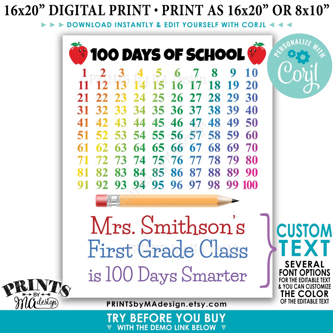 100 Days of School Sign, Custom PRINTABLE 8x10/16x20” 100th Day of ...