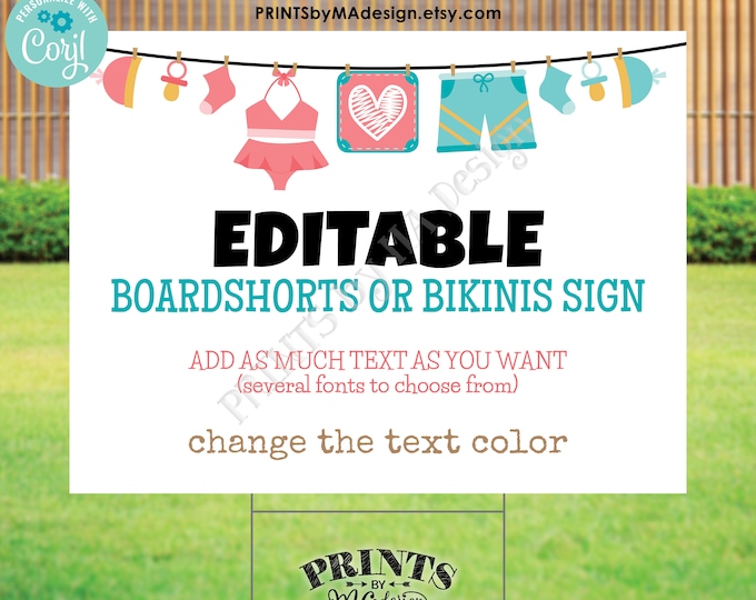 Editable Boardshorts or Bikinis Sign, Gender Reveal Party, Choose Your Text, One PRINTABLE 18x24" Landscape Sign <Edit Yourself w/Corjl>