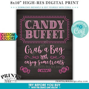 Candy Buffet Sign, Grab a Bag & Enjoy Some Treats Sign, Candy Bar, PRINTABLE 8x10&quot; Chalkboard Style Sign &lt;Edit Colors Yourself with Corjl&gt;