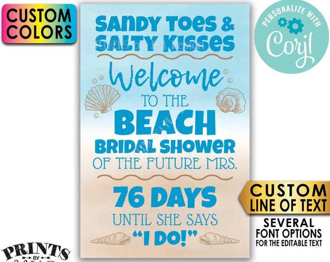 Beach Bridal Shower Countdown Sign, Beach Wedding Shower Welcome Poster, PRINTABLE 24x36” Watercolor Style Sign <Edit Yourself w/Corjl>