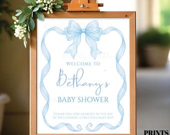 Bow Baby Shower Sign, Coquette Blue Organza Ribbon, Personalized Mom-to-Be's Name, It's a Boy, Watercolor Style PRINTABLE 8x10/16x20” Sign