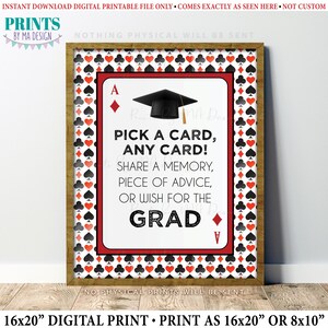 Letrero de buenos deseos para fiesta de graduación con naipes. Elige una tarjeta y escribe un mensaje. Mis mejores deseos para el graduado. Letrero imprimible de 8 x 10/16 x 20 pulgadas. <ID>
