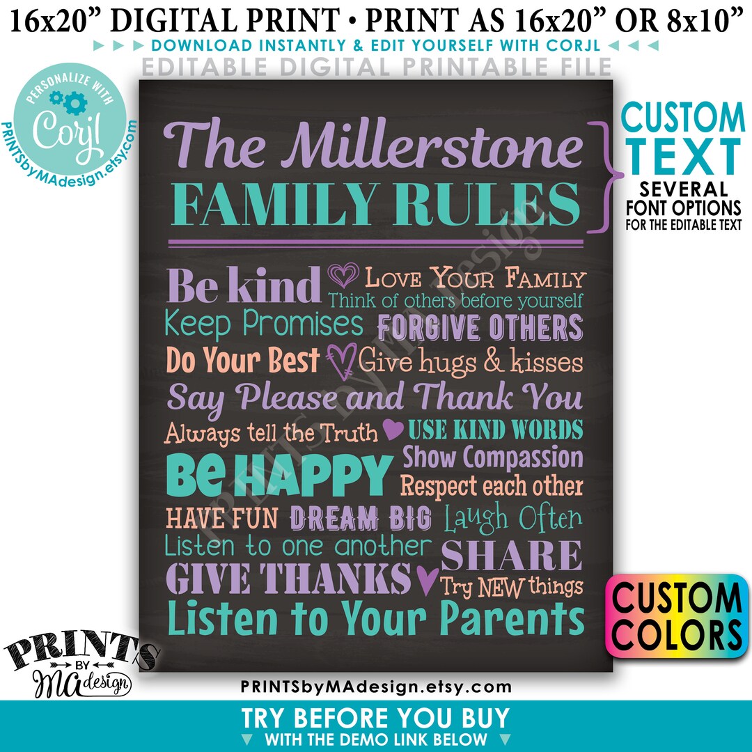 Editable Family Rules Sign, Family Wall Art, House Rules, Custom ...