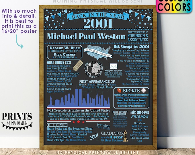 Back in the Year 2001 Retirement Party Sign, Flashback to 2001 Poster Board, Custom PRINTABLE 16x20” Retirement Party Decoration