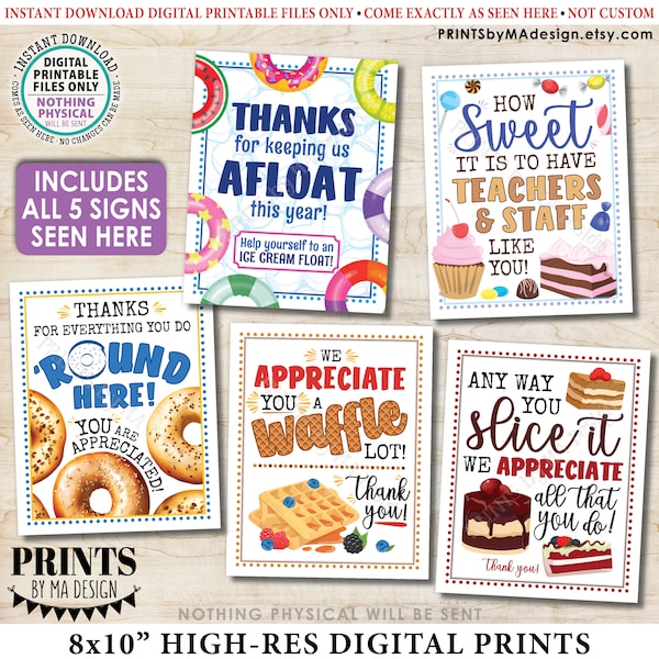 Teacher Appreciation Signs, Ice Cream Floats, Sweet Treats, Bagels, Waffles, Cake, Bundle of Five PRINTABLE 8x10” Appreciate Signs <ID>