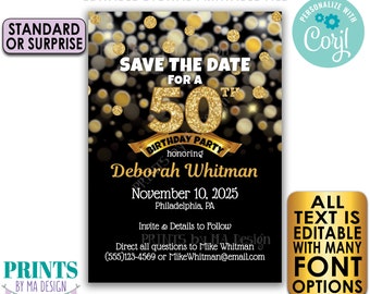 Editable Black & Gold Glitter Birthday Party Save the Date invite, PRINTABLE 5x7" Golden Bday Invitation <Edit Yourself with Corjl>