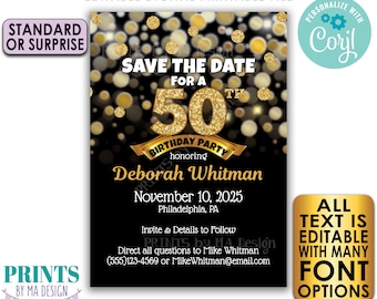 Editable Black & Gold Glitter Birthday Party Save the Date invite, PRINTABLE 5x7" Golden Bday Invitation <Edit Yourself with Corjl>