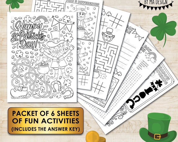 St. Patrick's Day Activity Pages, Word Search, Maze, Coloring Pages, Shamrock, Six-page PRINTABLE 8.5x11” PDF, Includes Answer Key <ID>