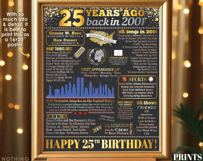 25th Birthday Poster Board, Back in the Year 2001 Flashback 25 Years Ago B-day Gift, PRINTABLE 16x20” Born in 2001 Sign <ID>
