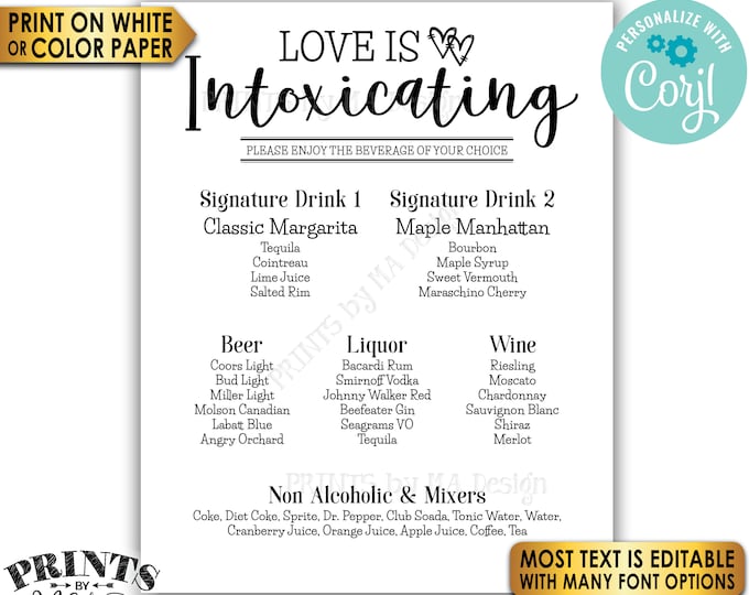 Bar Menu Sign, Love is Intoxicating, Wedding Reception Drinks, Custom PRINTABLE 8x10/16x20” B&W Sign <Edit Yourself with Corjl>