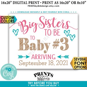 Może przedstawiać: Drukowana tabliczka z ogłoszeniem o przybyciu nowego dziecka. Tabliczka jest ozdobiona sercami, strzałkami i tekstem "Big Sisters to be to Baby #3 Arriving September 18, 2021".