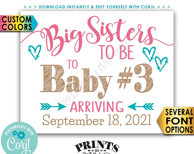 Baby #3 Pregnancy Announcement, Big Sisters to 3rd Baby, PRINTABLE 8x10/16x20” Baby Number 3 Sign, Third Child <Edit Yourself with Corjl>