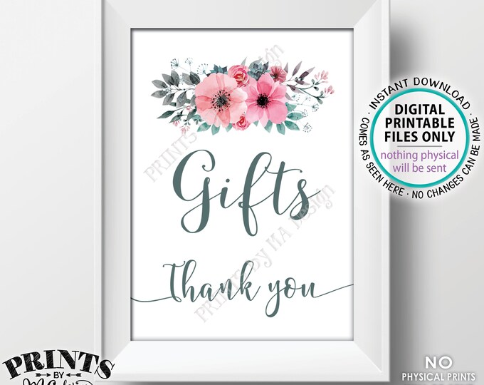 Gifts Sign, Pink Teal/Turquoise Gray Flowers Decor, Baby Shower, Bridal Shower, Thank You, PRINTABLE 5x7" Watercolor Style Floral Sign <ID>