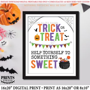 Puede incluir: Impresión digital enmarcada con temática de Halloween. La impresión presenta las palabras "Trick or Treat" y "Help Yourself to Something Sweet" en naranja, verde y morado. También se incluye una calabaza, murciélagos y un caldero de caramelos. Disponible en 40.6x50.8cm o 20.3x25.4cm.