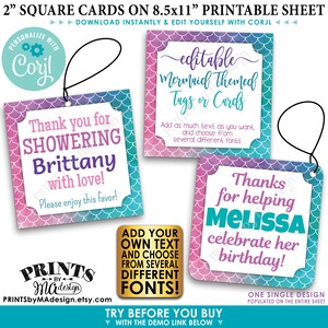 Editable Mermaid Party Tags/Cards, Party Favors, Custom Watercolor Style 2 Squares, PRINTABLE 8.5x11 Digital File Edit Yourself w/Corjl image 1