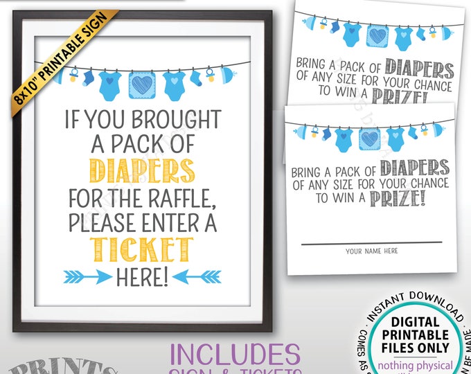 Diaper Raffle Ticket Sign, Enter a Raffle Ticket Baby Shower Raffle Tickets, Blue, PRINTABLE 8x10" Sign & 8.5x11" Sheet of 2.5" Tickets <ID>