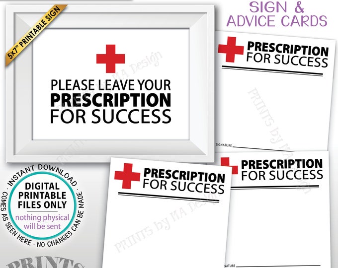 Please Leave Your Prescription for Success Med School Grad Advice Nurse Graduation, PRINTABLE 5x7" Sign & 3x3" Advice Cards on 8.5x11" Sheet