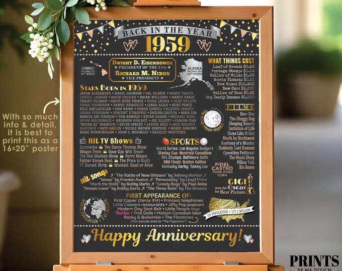 Back in 1959 Anniversary Poster Board, Flashback to 1959 Anniversary Decor, PRINTABLE 16x20” Sign, Anniversary Gift <ID>