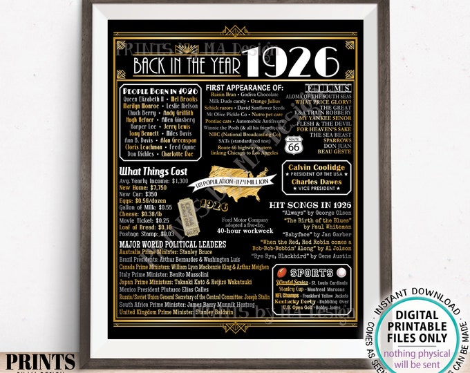 Back in the Year 1926 Poster Board, Remember 1926, Flashback to 1926 USA History from 1926, PRINTABLE 16x20” Art Deco Sign <ID>