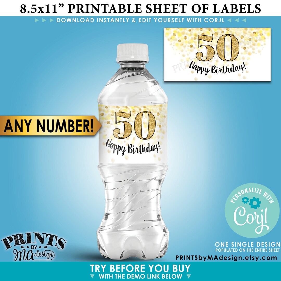 Birthday Water Bottle Labels, Gold Glitter Birthday Party, PRINTABLE ...