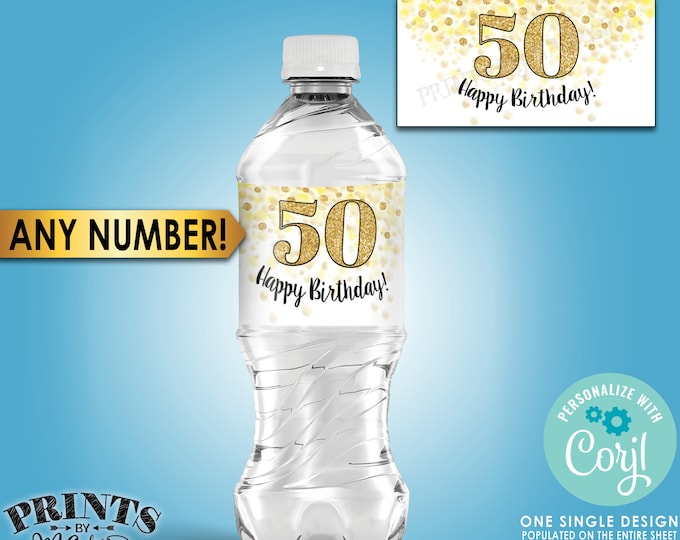 Birthday Water Bottle Labels, Gold Glitter Birthday Party, PRINTABLE Water Bottle Labels on 8.5x11" Sheet <Edit Yourself with Corjl>
