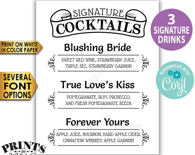 Signature Cocktails Sign, 3 Signature Drinks Sign, Custom PRINTABLE Black & White 8x10/16x20” Sign <Edit Yourself w/Corjl>