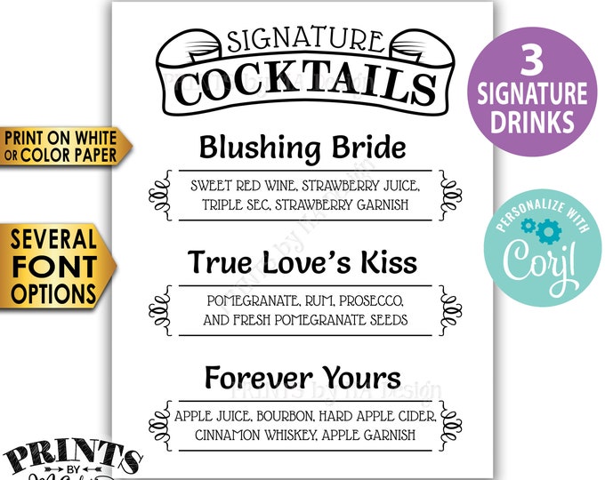 Signature Cocktails Sign, 3 Signature Drinks Sign, Custom PRINTABLE Black & White 8x10/16x20” Sign <Edit Yourself w/Corjl>