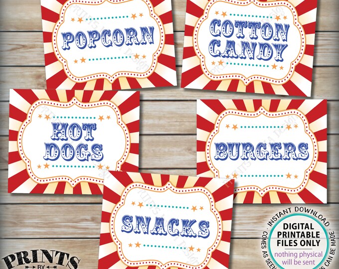 Carnival Food Signs, Food Carnival Theme Party, Popcorn, Cotton Candy, Hot Dogs, Burgers, Circus Food, PRINTABLE 8x10/16x20” Signs <ID>