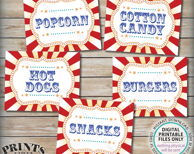 Carnival Food Signs, Food Carnival Theme Party, Popcorn, Cotton Candy, Hot Dogs, Burgers, Circus Food, PRINTABLE 8x10/16x20” Signs <ID>