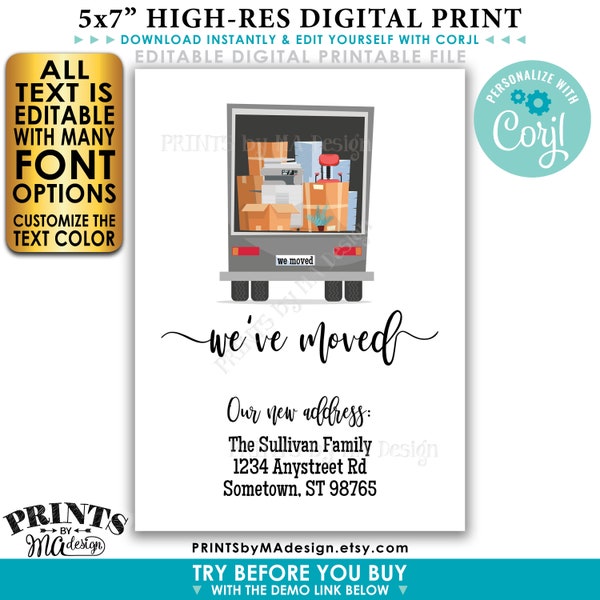 We've Moved Card, Moving Announcement, Change of Address, Custom 5x7" Digital Printable File, Moving Truck <Edit Yourself w/Corjl>