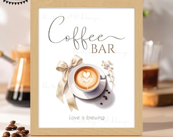 Love is Brewing Coffee Bar Sign, Bridal Shower, Wedding Rehearsal Dinner, Tan Ribbon Bow, Watercolor Style PRINTABLE 8x10/16x20” Sign <ID>