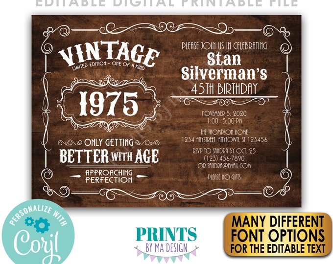 Vintage Birthday Party Invitation, Better with Age Bday Invite, Rustic Wood Style PRINTABLE 5x7” Landscape File <Edit Yourself with Corjl>