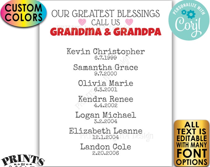 Our Greatest Blessings Grandparent Gift, Grandma & Grandpa, Grandkids, Custom PRINTABLE Grandchildren Sign <Edit Yourself w/Corjl>