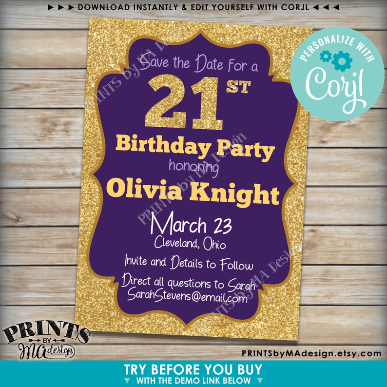 May include: A rectangular save the date card with a purple centre and a gold glitter border. The text reads: Save the Date for a 21st Birthday Party honouring Olivia Knight, March 23, Cleveland, Ohio. Invite and Details to Follow.