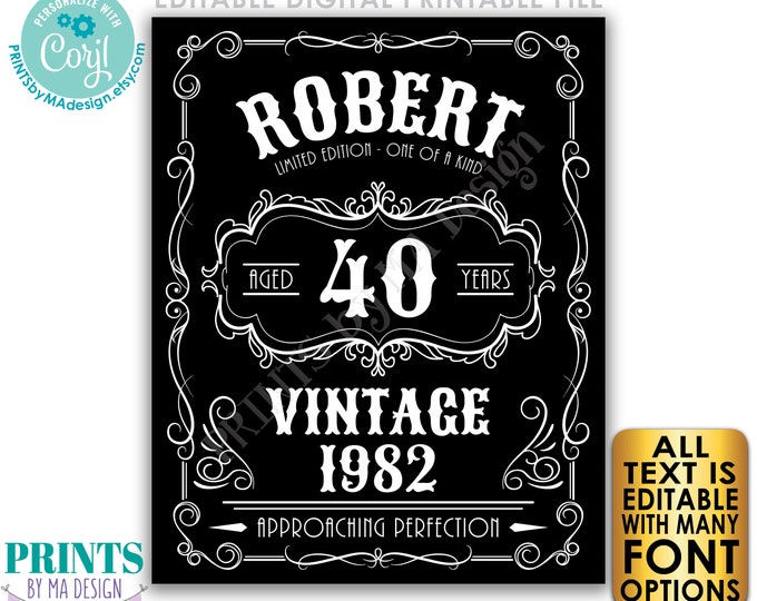 Vintage Birthday Sign, Better with Age Liquor Themed Party, Custom Text, PRINTABLE 8x10/16x20” Black and White Sign <Edit Yourself w/Corjl>