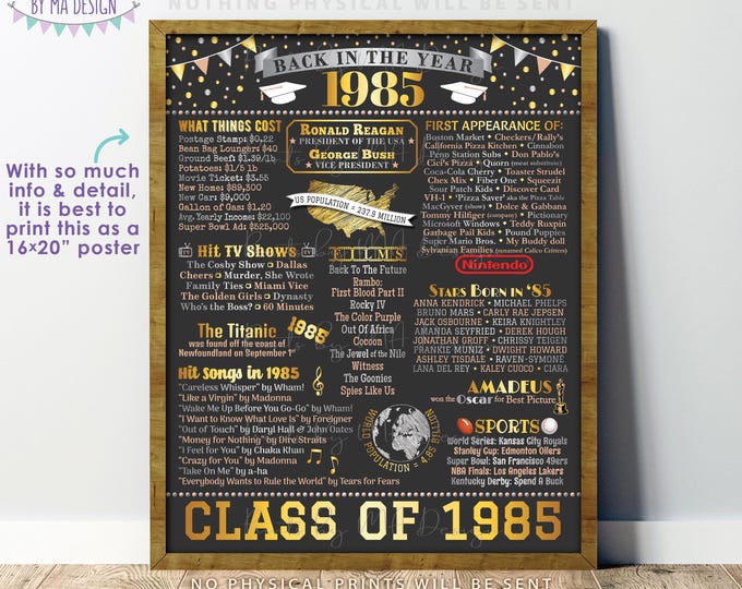 Back in the Year 1985 Poster Board, Flashback to 1985 High School Reunion, Class of 1985 Reunion Decoration, PRINTABLE 16x20” Sign <ID>
