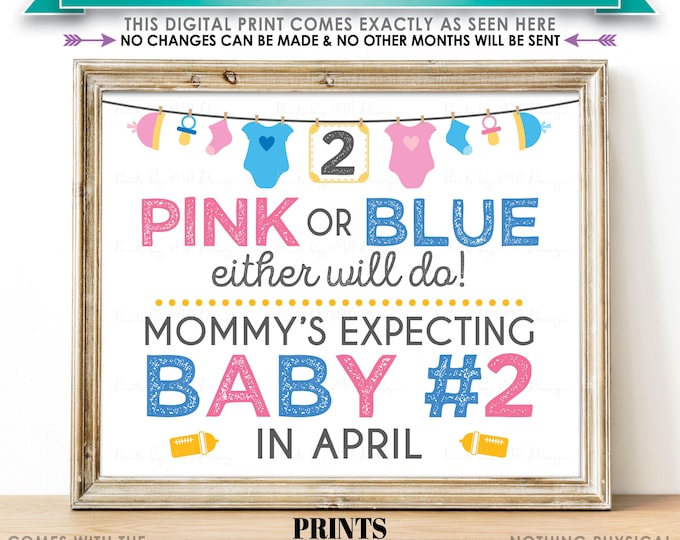 Baby Number 2 Pregnancy Announcement Sign, Pink or Blue Either Will Do, Baby #2 Due in APRIL, PRINTABLE 8x10/16x20” Baby Reveal Sign <ID>