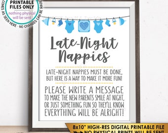 Late Night Nappy Sign, Late-Night Nappies Sign the Nappy Thoughts,  Funny Baby Shower Game, It's a Boy, Blue/Gray PRINTABLE 8x10” Sign <ID>