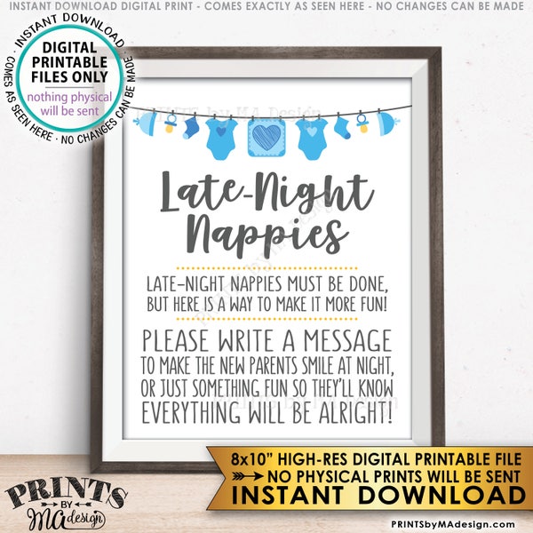 Late Night Nappy Sign, Late-Night Nappies Sign the Nappy Thoughts,  Funny Baby Shower Game, It's a Boy, Blue/Gray PRINTABLE 8x10” Sign <ID>