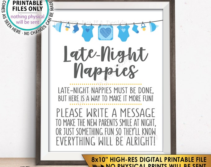 Late Night Nappy Sign, Late-Night Nappies Sign the Nappy Thoughts,  Funny Baby Shower Game, It's a Boy, Blue/Gray PRINTABLE 8x10” Sign <ID>