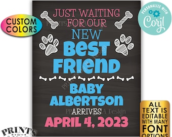 Dogs Pregnancy Announcement, Just Waiting for Our New Best Friend, Custom PRINTABLE Chalkboard Style Sign <Edit Yourself with Corjl>