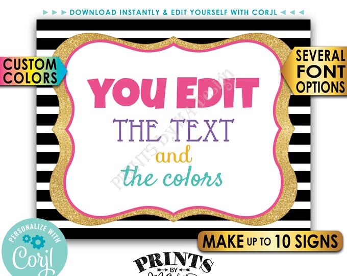 Custom Signs, Design Posters, Choose Your Text/Colors, Black & Gold Glitter PRINTABLE 8x10/16x20" Landscape Signs <Edit Yourself with Corjl>